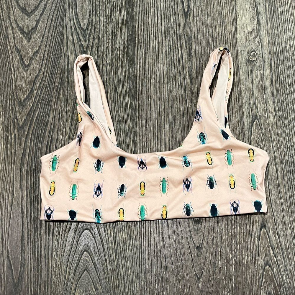 NWOT La Gotta Non-Padded Bikini Swim Top Beetle Print Pullover Cream Size L